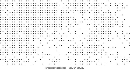 Abstract black plus-sign halftone pattern scattered on a white background, creating a minimalist dotted texture and modern graphic surface suitable for design, web layouts, print, and decorative backgrounds.
