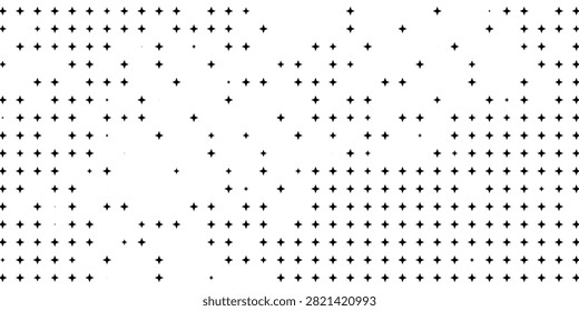 Abstract black plus-sign halftone pattern scattered on a white background, creating a minimalist dotted texture and modern graphic surface suitable for design, web layouts, print, and decorative backgrounds.