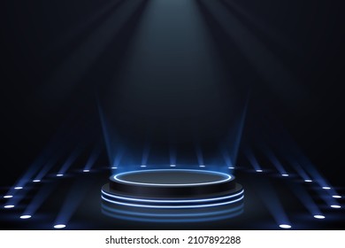 Abstract black podium with blue light effects