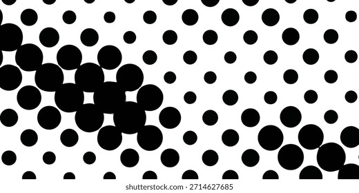 Abstractas lunares negros sobre un fondo blanco limpio crean un patrón geométrico dinámico con diferentes tamaños y densidades, ideal para el Diseño gráfico moderno y fondos minimalistas