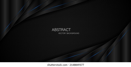 Abstract black polygon with blue lines on dark steel mesh background. and free space for design
