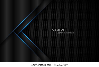 Abstract black polygon with blue lines on dark steel mesh background and free space for design.
