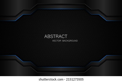 Abstract black polygon with blue lines on dark steel mesh background. and free space for design
