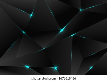 Abstract black polygon pattern with blue laser light lines  on dark background technology style. Geometric low polygon gradient shapes. Vector illustration