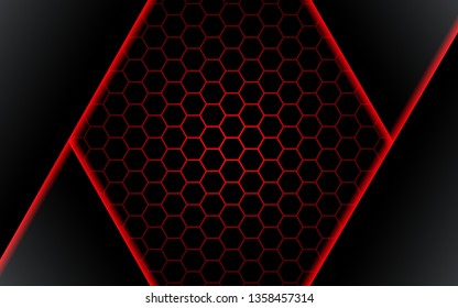 Abstract black polygon red light futuirstic technology design background vector illustration. - Vector