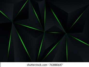 Abstract Black Polygons Technology Background. Green lights effect. Geometric concept design