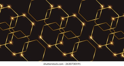 Fondo premium negro Abstractas con Elementos de hexágonos geométricos dorados y estilo lujoso de efecto luminoso. Ilustración vectorial
