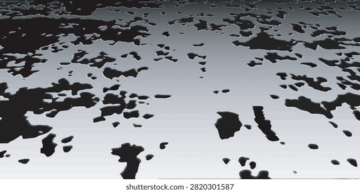 Abstract black puddle shapes scattered across a soft gray gradient background, evoking ink blots, island silhouettes, and a textured map-like surface for design, backgrounds, and creative concepts.