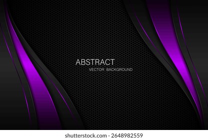 Abstract black and purple curves with purple lines on dark steel mesh background. with free space for design. modern technology innovation concept background	