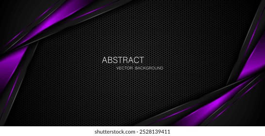 Abstract black and purple polygons on dark steel mesh background. with free space for design. modern technology innovation concept background	