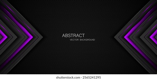 Abstract black and purple polygons on dark steel mesh background. with free space for design. modern technology innovation concept background	