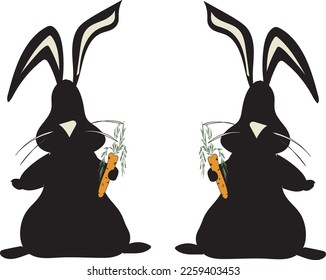 Abstract black rabbit on white background with different things in paws