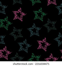 Abstract black and rainbow seamless pattern background.  Seamless pattern with multicolored glitter textured stars on the black background.