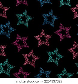 Abstract black and rainbow seamless pattern background.  Seamless pattern with multicolored glitter textured stars on the black background.