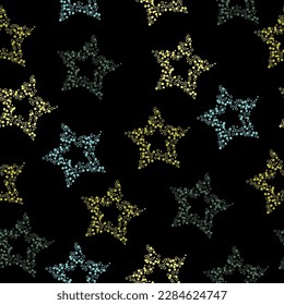 Abstract black and rainbow seamless pattern background.  Seamless pattern with multicolored glitter textured stars on the black background.
