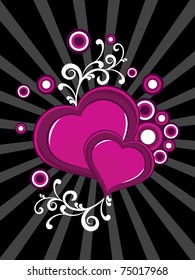 fondo de rayas negras abstractas con corazón adornado con flores magenta