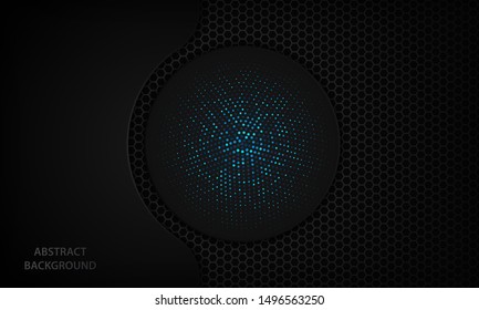 Abstract black realistic background with circle shapes. Texture with blue glitters halftone element. Modern vector design template.