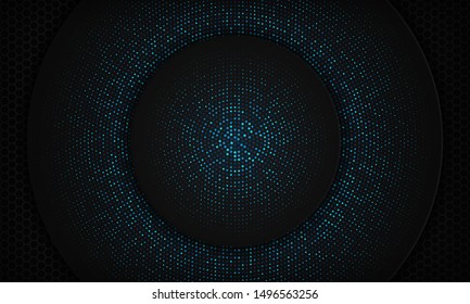 Abstract black realistic background with circle shapes. Texture with blue glitters halftone element. Modern vector design template.