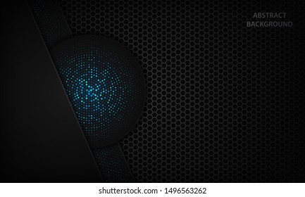 Abstract black realistic background with circle shapes. Texture with blue glitters halftone element. Modern vector design template.