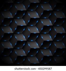 Abstract black rectangle pattern background. Blue lighting. Geometric concept design