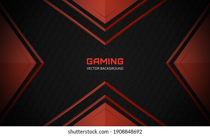 Abstract black and red arrow gaming background. Dark abstract banner with hexagon carbon fiber grid and red arrows. Futuristic luxury modern sporty game background.