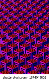 Abstract Black, Red and Blue Geometric Pattern with Squares. Embossed Floor Texture. Cubes in Perspective. Vector. 3D Illustration