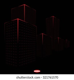 abstract black red city graphical silhouette isolated on black background. vector illustration