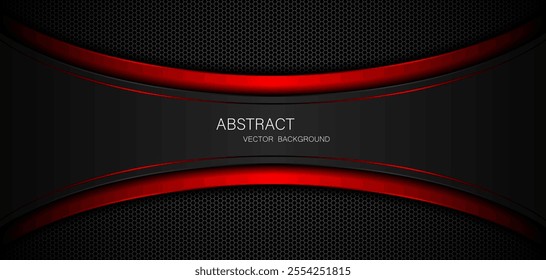 Abstract black and red curves with red lines on dark steel mesh background. with free space for design. modern technology innovation concept background	