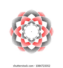Abstract black and red dotted flower mandala isolated on white background