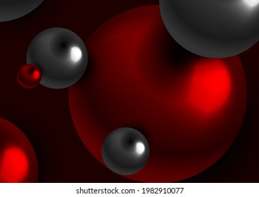 Abstract black and red futuristic 3d spheres geometric background. Glossy circles vector design