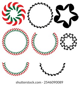 Abstract black, red, and green circular designs with intricate swirls, floral motifs, and decorative patterns