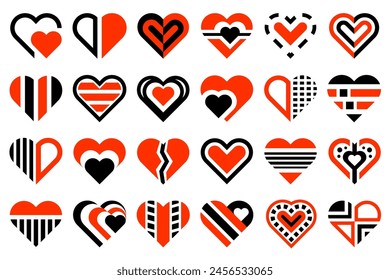 Abstract black and red heart design elements, collection of decorative stylized geometric heart shape designs.