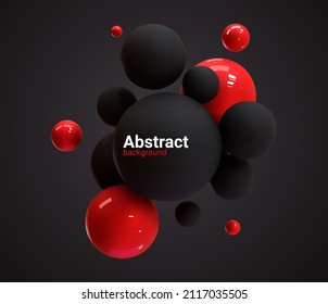 Abstract black and red image of flying spheres. Set of realistic, 3d balls and bubble, vector illustration. Futuristic  background for your design.