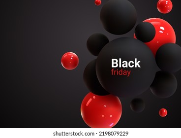 Abstract black and red image of flying spheres. Set of realistic, 3d balls and bubble, vector illustration. Futuristic  background for your design.