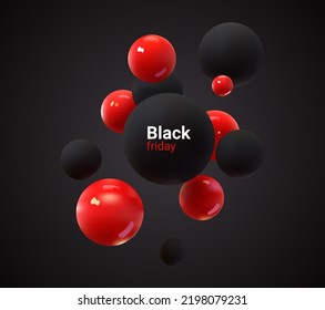 Abstract black and red image of flying spheres. Set of realistic, 3d balls and bubble, vector illustration. Futuristic  background for your design.