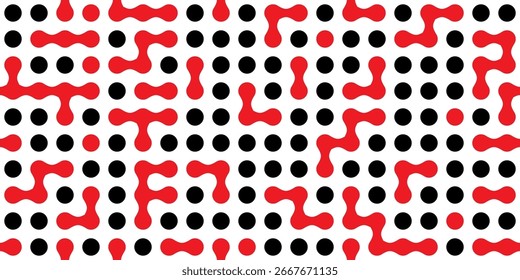 Abstract black and red metaball pattern with connected organic shapes and circular dots. Seamless futuristic background for modern design. Trendy vector illustration.