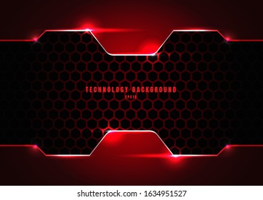 Abstract black and red metallic frame with lighting on hexagons texture pattern technology innovation concept background. Vector illustration