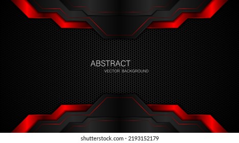 Abstract black and red polygon with red glow lines on dark steel mesh background with free space for design. modern technology innovation concept background	