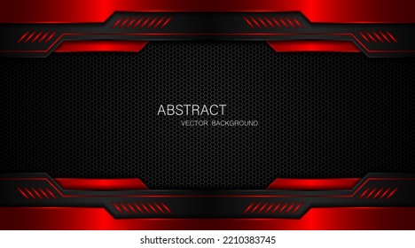 Abstract black and red polygon with red glow lines on dark steel mesh background with free space for design. modern technology innovation concept background	