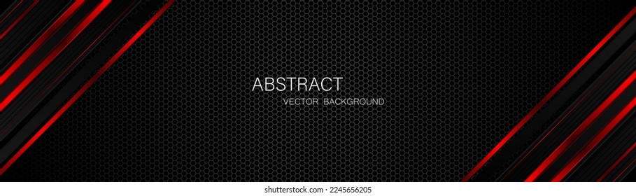 Abstrakter schwarz-roter Polygon mit roten glatten Linien auf dunklem Stahlgitterhintergrund mit freiem Gestaltungsraum. modernes Innovationskonzept, Hintergrund
