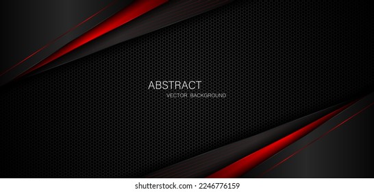Abstract black and red polygon with red glow lines on dark steel mesh background with free space for design. modern technology innovation concept background	
