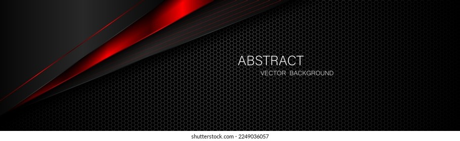 Abstract black and red polygon with red glow lines on dark steel mesh background with free space for design. modern technology innovation concept background
