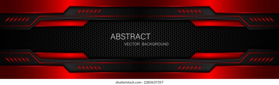 Abstract black and red polygon with red glow lines on dark steel mesh background with free space for design. modern technology innovation concept background	