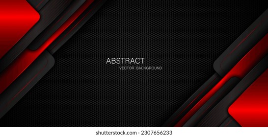 Abstract black and red polygon with red glow lines on dark steel mesh background with free space for design. modern technology innovation concept background	