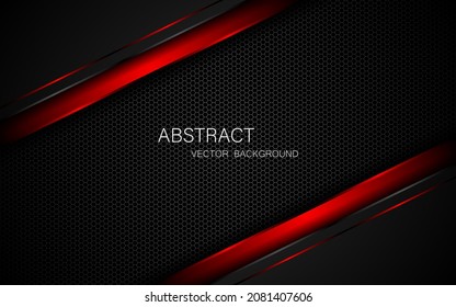 Abstract black and red polygons overlapped on dark steel mesh background with free space for design. modern technology innovation concept background
