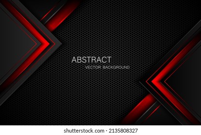 Abstract black and red polygons overlapped on dark steel mesh background with free space for design. modern technology innovation concept background
