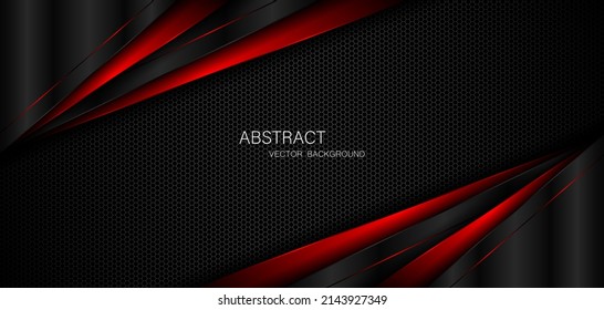 Abstract black and red polygons overlapped on dark steel mesh background with free space for design. modern technology innovation concept background

