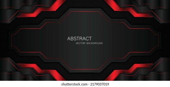 Abstract black and red polygons overlapped on dark steel mesh background with free space for design. modern technology innovation concept background	