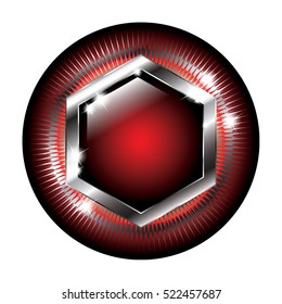 Abstract black and red round background with a silver hexagon frame, with space for your text. Vector illustration.