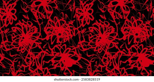 Abstract Black and Red Scribble Pattern. Chaos Hand Drawn Graffiti. Street Art Seamless Pattern. Black Elements Old School Design for T-Shirt, Fabric, Wrapping Paper, or Wallpaper. Flower Pattern.